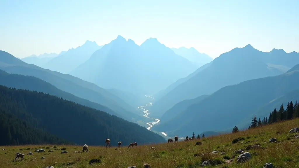 Panoramický výhled z rozhledny na horský terén s Krkonoši a Beskydami viditelný v dálce za slunečného počasí