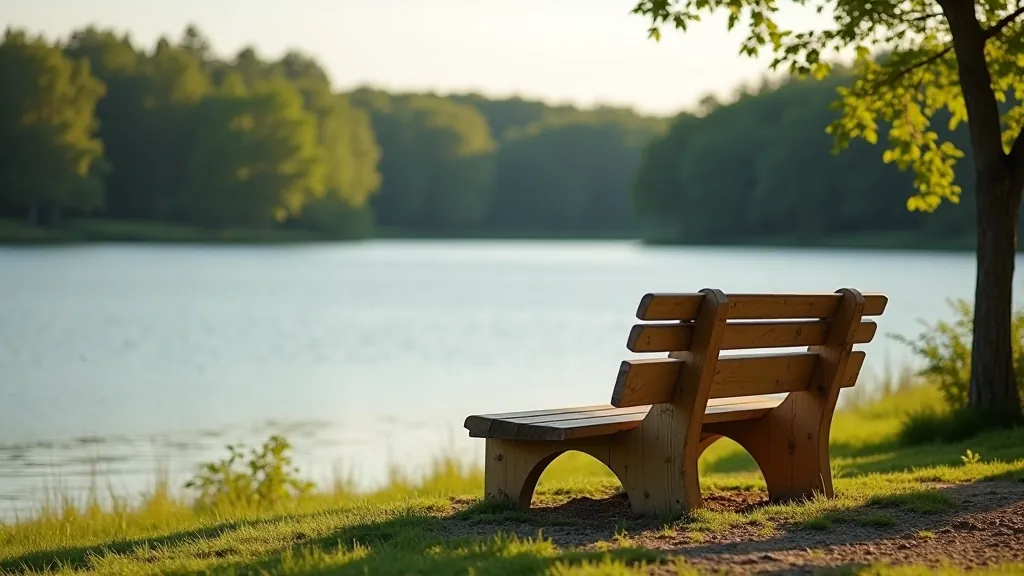Dřevěná lavička na břehu přehrady s výhledem na hladinu vody a lesní panorama